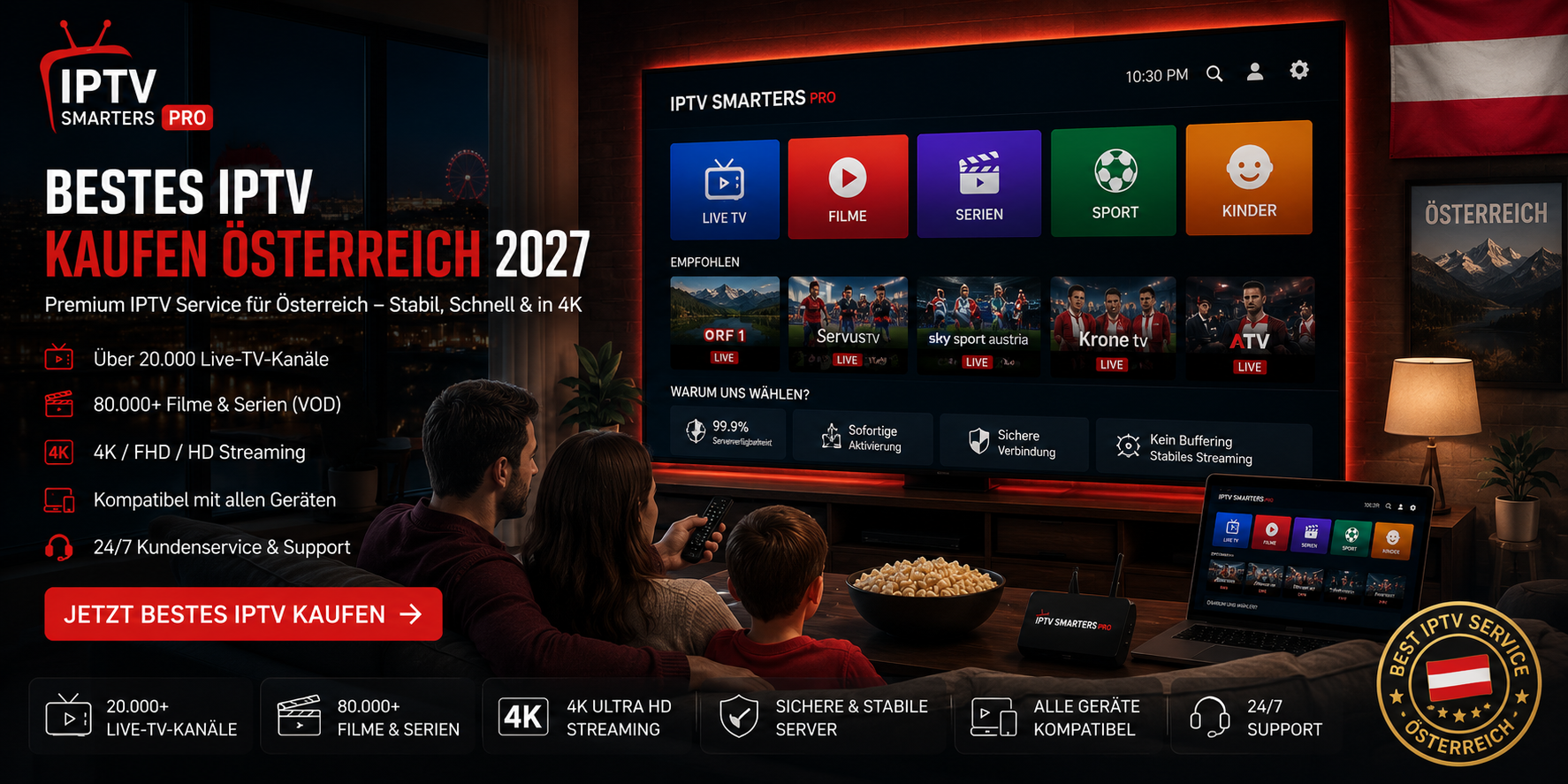 Bestes IPTV kaufen Österreich 2027 – Premium 4K Streaming für Sport, Filme & Live TV