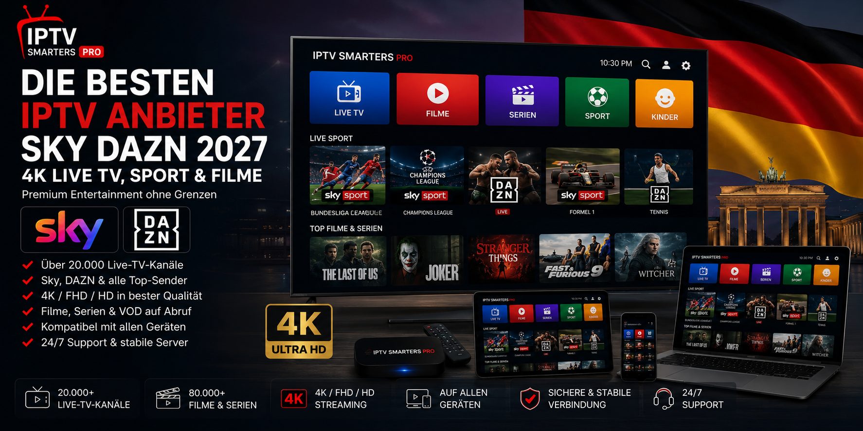 Die besten IPTV Anbieter Sky DAZN 2027 – 4K Live TV, Sport & Filme