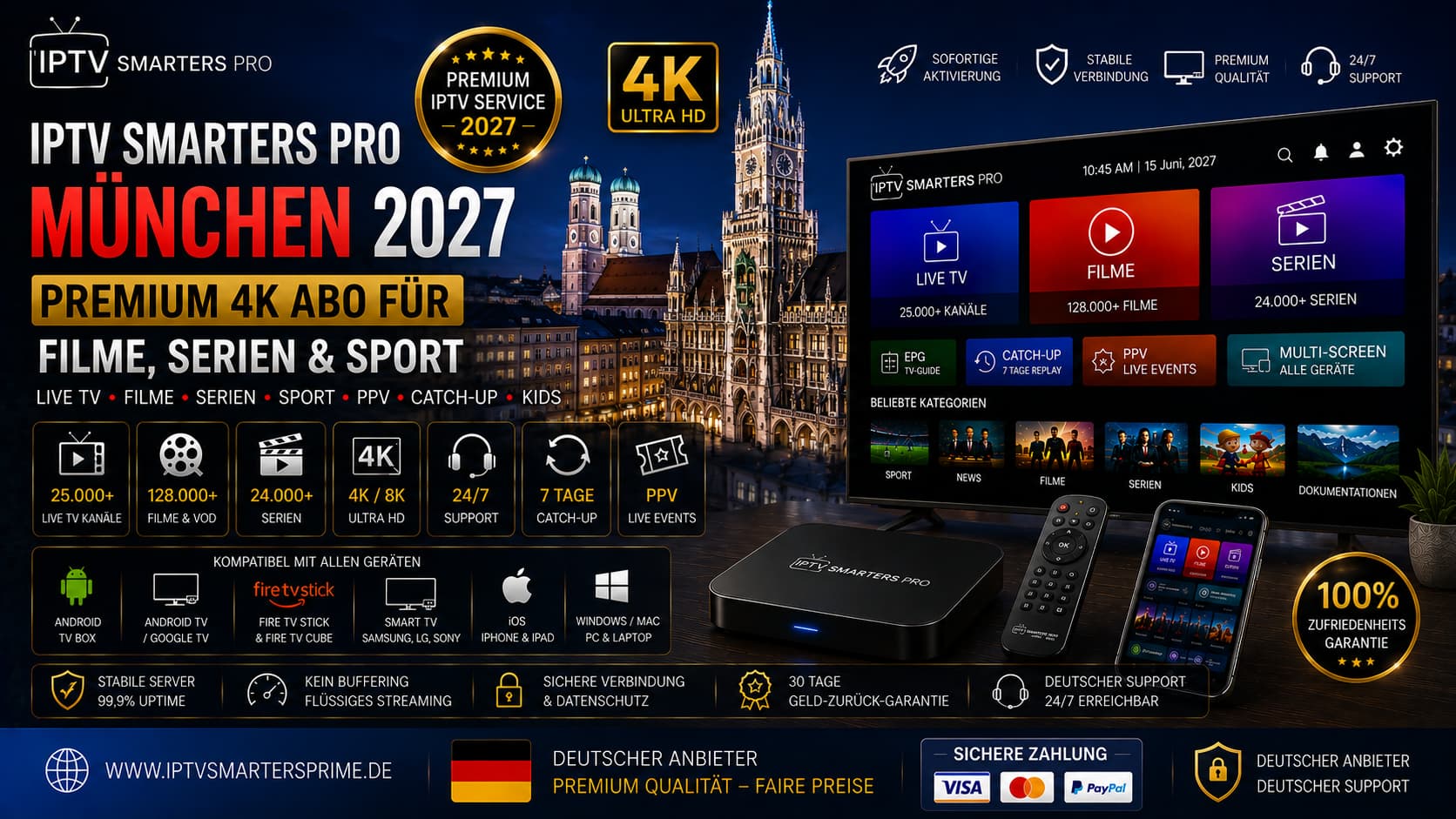 IPTV Smarters Pro München 2027 – Premium 4K Abo für Filme, Serien & Sport